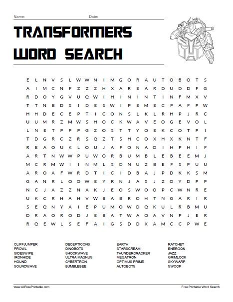Transformers Word Search Printable